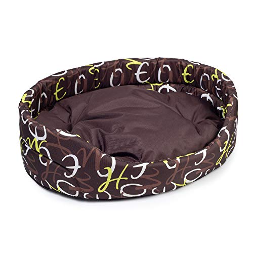 BOUTIQUE ZOO Hundebett | Oval Hundekissen für Hunde oder Katzen | Kratzfest Hundeliege mit Kissen | Hundekorb | Waschbar Polyester (L: 57 x 52 cm, Braun mit Muster) von BOUTIQUE ZOO