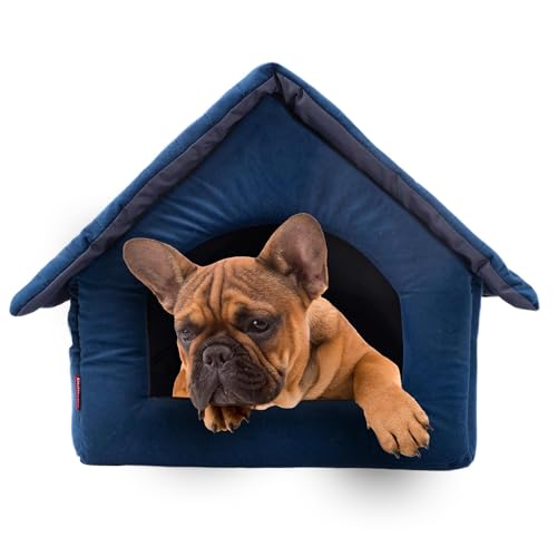 Elegant Hundehöhle, Hundehütte | Größe L: 34 x 44 x 38 cm | Farbe: Blau Velvet | Hundehaus für mittlere Hunde | Katzenhaus, Katzenhöhle von BOUTIQUE ZOO