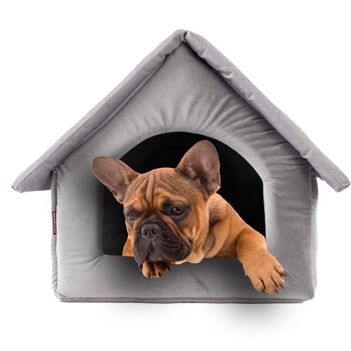 Elegant Hundehöhle, Hundehütte | Größe L: 34 x 44 x 38 cm | Farbe: Grau Velvet | Hundehaus für mittlere Hunde | Katzenhaus, Katzenhöhle von BOUTIQUE ZOO
