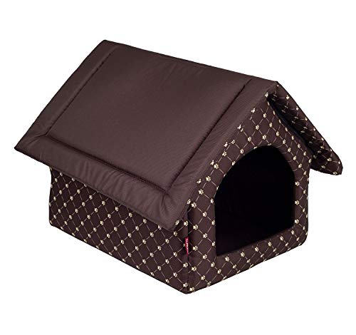 Elegant Hundehöhle, Hundehütte | Größe M: 33 x 40 x 33 cm | Farbe: Braun - Muster: Pfoten | Hundehaus für kleine und mittlere Hunde | Katzenhaus, Katzenhöhle von BOUTIQUE ZOO