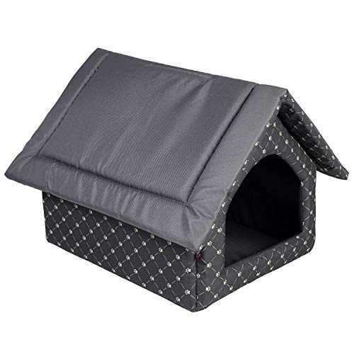Elegant Hundehöhle, Hundehütte | Größe XL: 44 x 55 x 43 cm | Farbe: Schwarz - Muster: Pfoten | Hundehaus für mittlere und Große Hunde | Katzenhaus, Katzenhöhle von BOUTIQUE ZOO