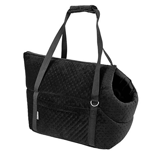 Transporttasche für Hunde und Katzen | Schultertasche für Haustiere mit Gummiband mit Karabiner | bis 10 kg | Material: Wildlederimitat - Velvet | Größe: M | Farbe: Schwarz von BOUTIQUE ZOO