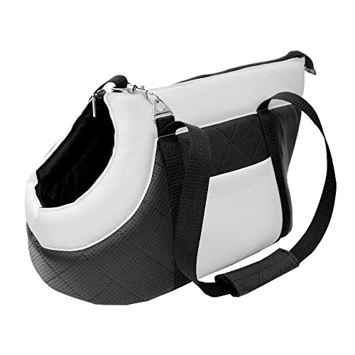 Transporttasche für Hunde und Katzen | Schultertasche für Haustiere mit Gummiband mit Karabiner | bis 12 kg | Material: Kunstleder | Größe: L | Farbe: Schwarz und Weiß von BOUTIQUE ZOO