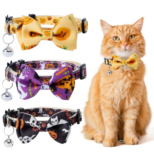 Halloween-Katzenhalsband mit Fliege und Glöckchen, Breakaway-Kätzchen-Halsband für Mädchen, Jungen, Katzen, verstellbar, 17,8–30,5 cm, für Kätzchen, ausgewachsene Katzen Halloween-Katzenhalsband mit Fliege und Glöckchen, Breakaway-Kätzchen-Halsband für Mädchen, Jungen, Katzen, verstellbar, 17,8–30,5 cm, für Kätzchen, ausgewachsene Katzen von BOW CALICO