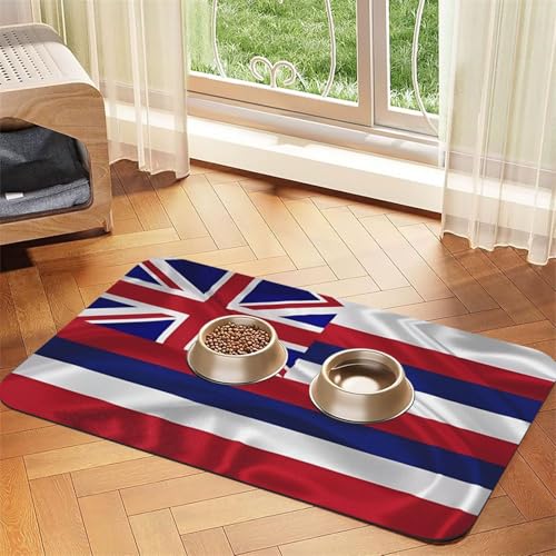 Futternapf-Matte für Hunde und Katzen, Motiv: Flagge von Hawaii, leicht zu reinigen und tragbar, schnell trocknend, Wasserspendermatte für Hund und Katze (30 x 45 cm, Schwarz) von BOXILTD