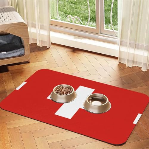 Futternapf-Matte für Hunde und Katzen mit Schweizer Flagge, leicht zu reinigen und tragbar, schnell trocknende Wasserspendermatte für Hund und Katze (30 x 45 cm, Schwarz) von BOXILTD