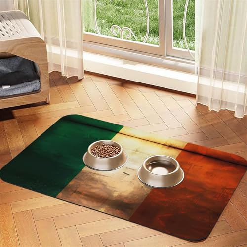 Haustier-Füttermatte für Hunde und Katzen, Retro-Stil, irische Flagge, leicht zu reinigen und tragbar, schnell trocknend, Wasserspendermatte für Hund und Katze (30 x 45 cm, Schwarz) von BOXILTD