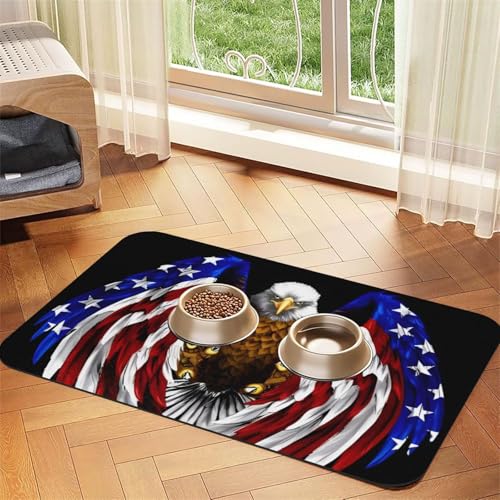 Haustier-Futtermatte mit USA-Flagge, patriotischer Adler, für Hunde und Katzen, leicht zu reinigen und tragbar, schnell trocknend, Wasserspendermatte für Hund und Katze (30 x 45 cm, Schwarz) von BOXILTD