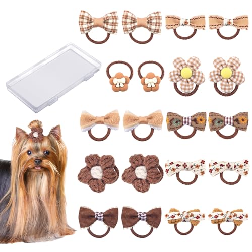 20 STK Hundehaarschleifen, Braune Hundeschleifen für Kleine Hunde Süße Schleifen für Hunde Welpenschleifen mit Blumenmuster Elastische Hundehaarbänder Welpenhaarschleifen für Teddyhunde von BOXOB