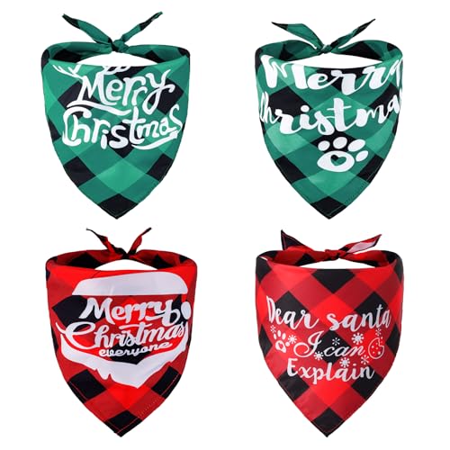 BOXOB 4 Stück Weihnachts Hundelätzchen, Weihnachtlich Kariertes Hunde-Bandana, Weihnachtliches Haustier-Dreieckstuch für Mittelgroße und Große Hunde von BOXOB