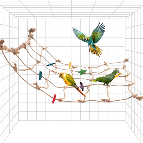 BOXOB Kletterseilnetz für Papageien, 55x53cm Buntes Sternendesign Vogelhängematte Leiter Seegrasmatte Kauspielzeug mit 4stk Haken Vogelkäfigzubehör für Tauben Kakadus Sittiche von BOXOB
