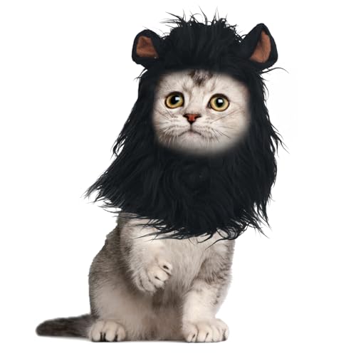 BOXOB Löwenmähnenperücke für Katzen, Löwenmähnenhut Weiche Tierperückenhüte Waschbares Kostüm für Halloween Weihnachten Ostern Geburtstage Festivals Cosplay Partyaktivitäten (Größe M, Schwarz) von BOXOB