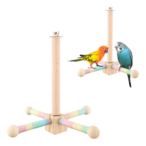 BOXOB Vogelständer-Sitzstangenspielzeug, Holz 360 Grad Frei Drehbar Interaktives Sich Drehendes Sittichspielzeug Praktisches Vogelkäfigzubehör für Sittiche Nymphensittiche (Regenbogenfarben) von BOXOB