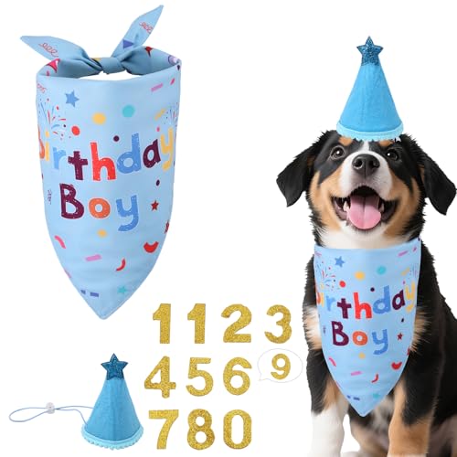 Bandana-Set zum Hundegeburtstag, Partyzubehör für Jungenhunde zum Geburtstag mit Verstellbarer Mütze und Glitzerzahlen Wiederverwendbarem Schal Haustierbekleidungszubehör (Blau) von BOXOB