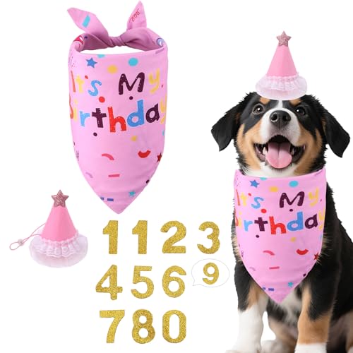 Hunde-Geburtstags-Bandana-Set, Geburtstagsdekoration für Haustiere Mädchen mit Hut und Glitzerzahlen Partyzubehör für Haustiere Kleine Mittelgroße und Große Hunde (Pink) von BOXOB
