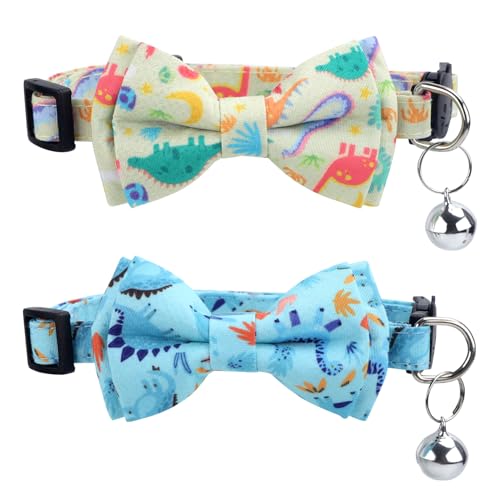 BOXOB Katzenhalsband mit Dinosaurier Motiv, Süßes Katzenhalsband mit Dinosaurier Fliege und Glöckchen Abnehmbares Kätzchenhalsband mit Fliege Verstellbares Katzenhalsband für Kätzchen und Welpen von BOXOB