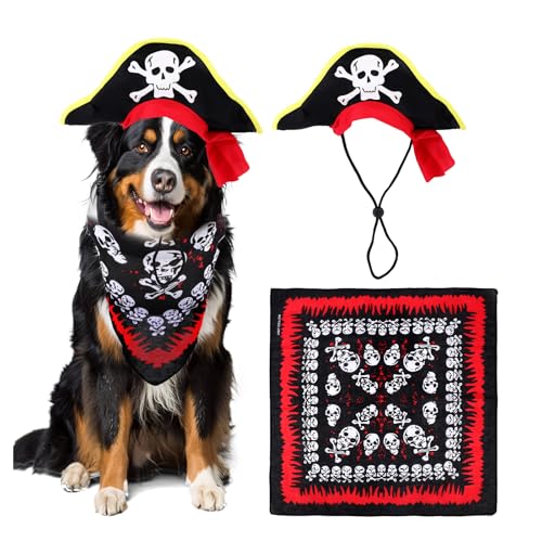 Piratenkostüm Hunde, Mütze mit Totenkopf Print und Bandana Piratenkostüm Haustiere Halloween Cosplay Set Haustiere für Halloween Partys für Hunde und Katzen von BOXOB