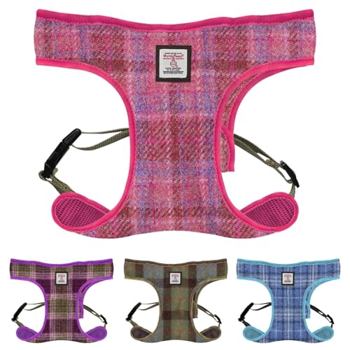 Harris Hundegeschirr aus Tweed, Schottenkaro, verstellbar, leicht, Wollaußen, Polyesterfutter, Größen S, M, L, stilvolles Haustierzubehör, Geschenk für Tierliebhaber (Rosa Karomuster, S) von BRAW CLANS TARTANS