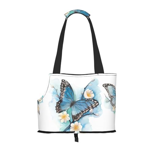 Blauer Schmetterling auf Blüte und Blumendruck, tragbare Umhängetasche, faltbare Haustiertasche (34 x 15 x 26 cm) von BREAUX