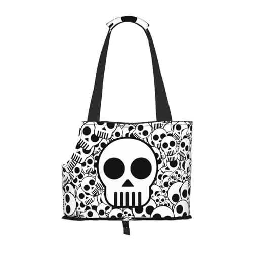 Schwarze und weiße Totenkopf-Druck-Haustier-Umhängetasche, faltbare Haustiertasche (34 x 15 x 26 cm). von BREAUX