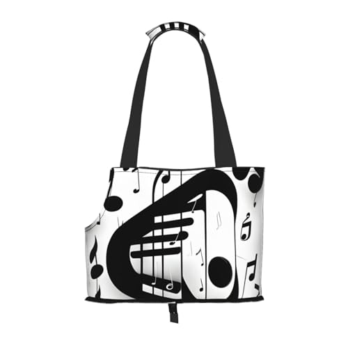 Schwarze und weiße Tragetasche mit Musiknoten-Druck, tragbare Umhängetasche, faltbare Haustiertasche (34 x 15 x 26 cm). von BREAUX