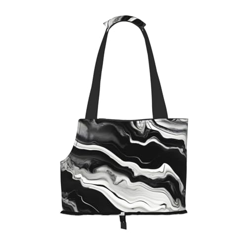 Schwarze weiße Marmor-Textur-Druck-Haustier-Umhängetasche, faltbare Haustiertasche (34 x 15 x 26 cm). von BREAUX