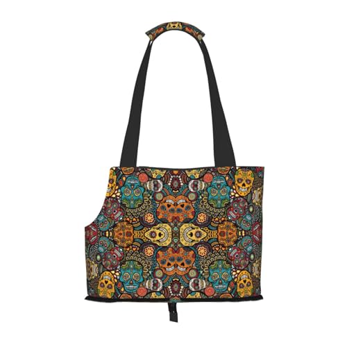 Tragbare Schultertasche mit buntem Totenkopf-Druck, faltbare Haustiertasche (34 x 15 x 26 cm). von BREAUX