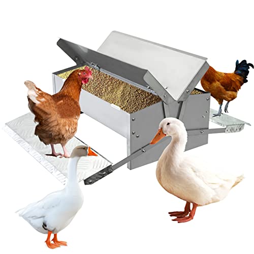 BREUAILY 10KG Futterautomat Hühner Metall Automatischer Futtertröge mit Selbstöffnend Pedal and Wasserfest Deckel Geflügel-Futterspender für Hühner, Enten, Gänse von BREUAILY