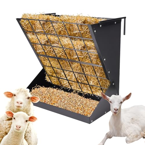 BREUAILY Großes Heuraufe für Schafe und Ziegen 2 In 1 Hay & Grain/Salt Feeder Hängende Futterraufe Schafe mit Futterspargitter und Verstellbaren Haken für Verschiedene Ställe und Korral (Schwarz) von BREUAILY