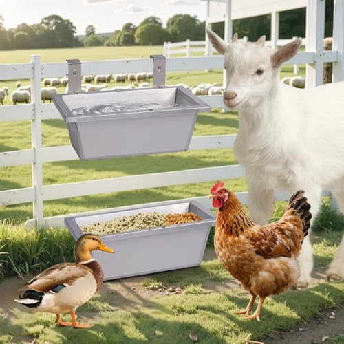 BREUAILY Ziegen Futterautomat 2 Stück 9.5L Heavy-Duty Edelstahl Futterspender und Tränke für Hühner Hängende Futtertrog Pferd Futterstation für Schafe Ziegen Pferde Hühner Ente von BREUAILY