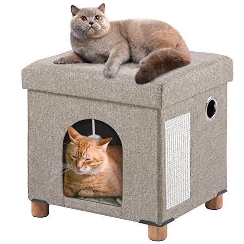 BRIAN & DANY Faltbare Katzenhöhle Große Katzen, Katzenhaus Höhle für Katzen mit Kratzbrett und Spielball, Sitztruhe Sitzhocker Fußhocker mit Holzfüßen 37 x 31.8 x 36 cm, Beige von BRIAN & DANY