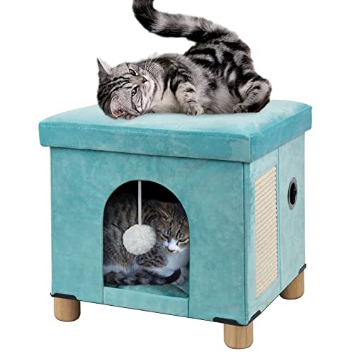 BRIAN & DANY Faltbares Katzenbett für Indoor-Katzen, großer Katzenwürfel für Haustier-Katzenhaus mit Katzenkratzbrett und Katzenball, 36 x 12,7 x 35,8 cm, Grün von BRIAN & DANY