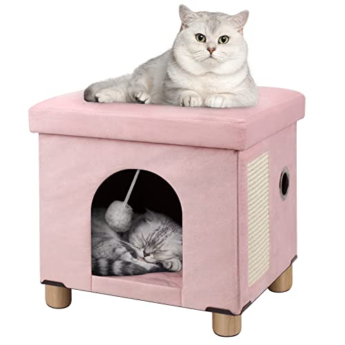 BRIAN & DANY Faltbares Katzenbett für Indoor-Katzen, großer Katzenwürfel für Haustier-Katzenhaus mit Katzenkratzbrett und Katzenball, 36 x 12,7 x 35,8 cm, Rosa von BRIAN & DANY