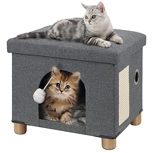 BRIAN & DANY Faltbares Katzenbett für Indoor-Katzen, großer Katzenwürfel für Haustier Katzenhaus mit Kratzbrett & Katzenball, 45 x 37,6 x 38,1 cm, Grau von BRIAN & DANY