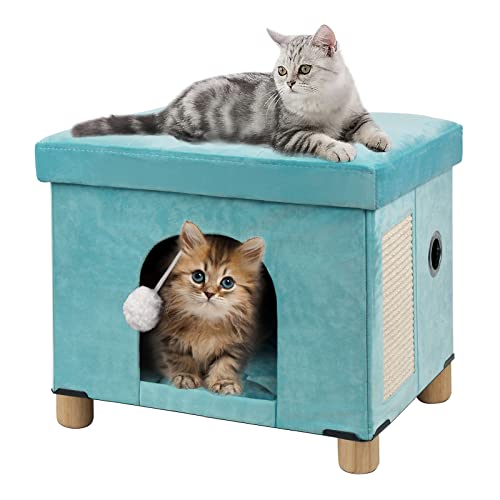 BRIAN & DANY Faltbares Katzenbett für Indoor-Katzen, großer Katzenwürfel für Haustier Katzenhaus mit Kratzbrett & Katzenball, 45 x 37,6 x 38,1 cm, Grün von BRIAN & DANY