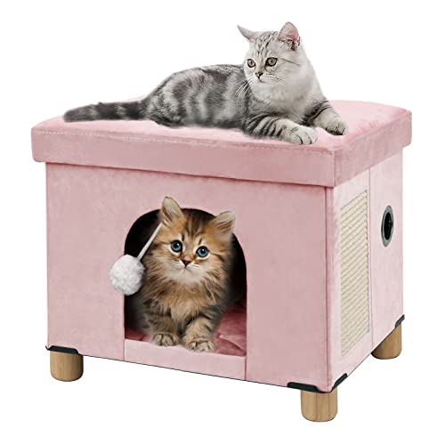 BRIAN & DANY Faltbares Katzenbett für Indoor-Katzen, großer Katzenwürfel für Haustier Katzenhaus mit Kratzbrett & Katzenball, 45 x 37,6 x 38,1 cm, Rosa von BRIAN & DANY
