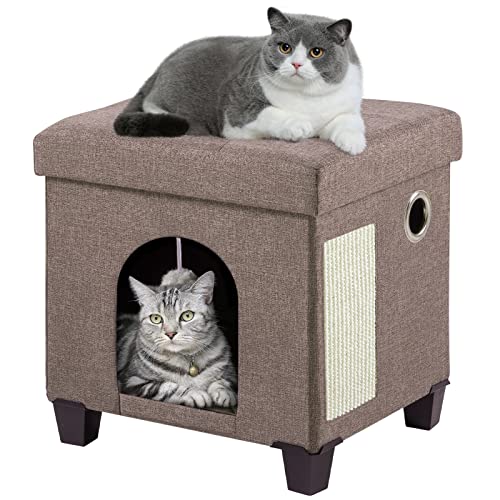 BRIAN & DANY Faltbares Katzenbett für Indoor-Katzen, großer Leinen-Katzenwürfel für Haustier-Katzenhaus mit Kratzbrett und Katzenball, 37,3 x 32,3 x 35,8 cm, Braun von BRIAN & DANY
