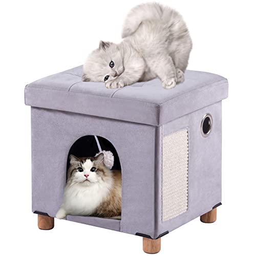 BRIAN & DANY Faltbares Katzenbett für Indoor-Katzen, großer Samt-Katzenwürfel für Haustier-Katzenhaus mit Katzenkratzbrett & Katzenball, 37,3 x 32,3 x 35,8 cm, Hellgrau von BRIAN & DANY