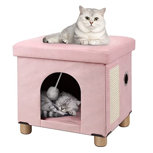 BRIAN & DANY Faltbare Katzenhöhle Große Katzen, Katzenhaus Höhle für Katzen mit Kratzbrett und Spielball, Sitztruhe Sitzhocker Fußhocker mit Holzfüßen 37,5 x 32,5 x 36 cm, Rosa von BRIAN & DANY