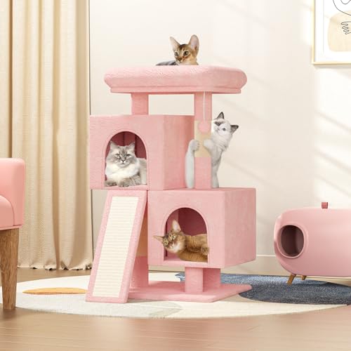 BRIGHTORIA Kratzbaum Turm mit 2 Katzenhütte, Katzenturm mit Kratzbaum & Sisalüberzogenes Kratzbrett Leiter, Katzenkletterturm, Katzenbaum für Indoor Katzen 86.4 cm, Soft Pink von BRIGHTORIA
