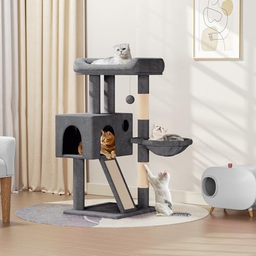BRIGHTORIA Kratzbaum Turm mit Katzenhütte, kleiner Katzenturm mit Kratzbaum & Hängematte, Katzenbaum für Indoor-Katzen, 91,4 cm, Rauchgrau von BRIGHTORIA