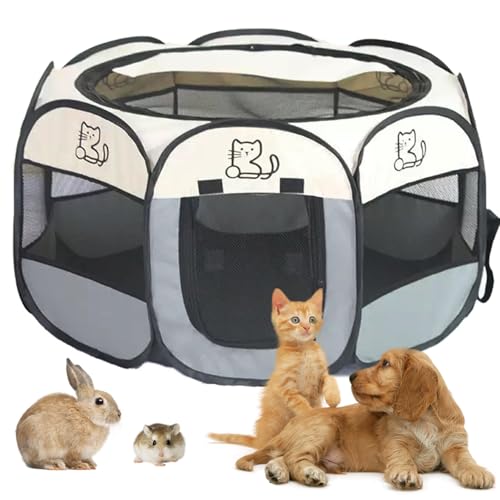Welpenauslauf 74x74x43cm, BRIMOREA Katzenkäfig Hundekäfig für zuhause, Wurfkiste Wurfbox für Katzen Kaninchenstall innen Katzengehege Balkon Katzenkäfig für Draußen Kaninchengehege(Graue Katze) von BRIMOREA