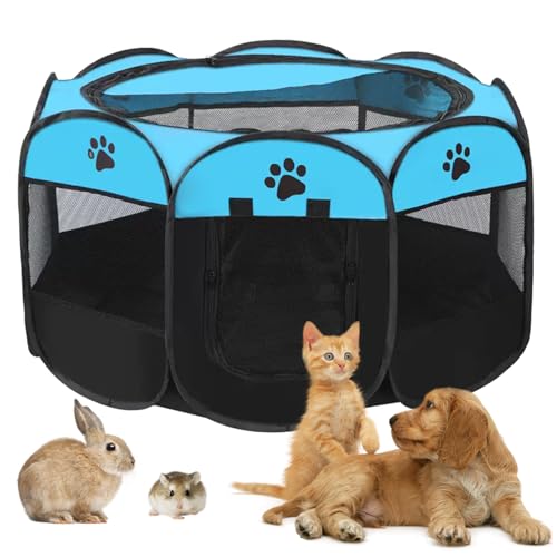 Welpenauslauf 74x74x43cm, BRIMOREA Welpenlaufstall, Hundelaufstall für Wohnung, Laufstall Hund, Wurfkiste für Katzen Wurfbox Katze/Hunde, Katzengehege Balkon für Draussen Laufgitter Faltbar(Blau) von BRIMOREA