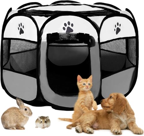 Welpenauslauf 74x74x48cm, BRIMOREA Katzenkäfig Hundekäfig für zuhause, Gitterbox Hund Wurfbox für Katzen Kaninchenstall innen Katzengehege Balkon Katzenkäfig für Draußen Hasen Auslauf(Grau) von BRIMOREA