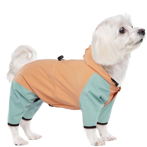 BRKURLEG Hunde-Regenmantel, 4 Beine, wasserdichte Regenjacke mit Loch für die Leine, reflektierend, Haustierponcho für kleine Hunde, Jungen, Mädchen, Hellorange, Größe M von BRKURLEG