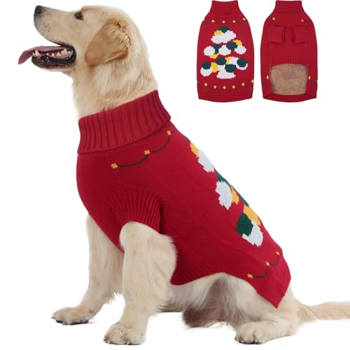 BRKURLEG Weihnachtspullover für kaltes Wetter, warmer Rollkragenpullover, gestricktes Sweatshirt für mittelgroße und große Hunde, Haustier-Weihnachts-Neujahrs-Outfit für Beagle, Pitbull (Rot, XL) von BRKURLEG