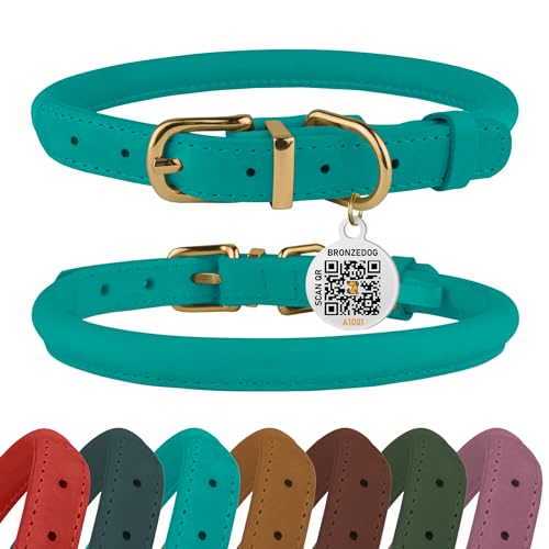BRONZEDOG Hundehalsband aus gerolltem Leder mit QR-ID-Tag, verstellbar, weiche runde Halsbänder für kleine, mittelgroße und große Hunde, Welpen, Katzen (Türkis, 40-48 cm) von BRONZEDOG