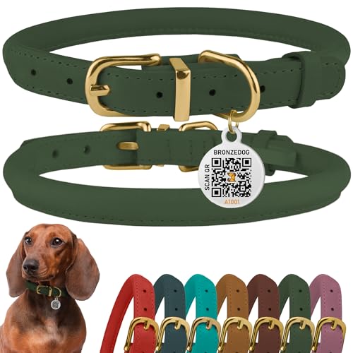 BRONZEDOG Halsband aus gerolltem Leder mit QR-ID-Tag, verstellbare weiche runde Halsbänder für kleine, mittlere und große Hunde sowie Welpen und Katzen (23-28 cm, Smaragdgrün) von BRONZEDOG