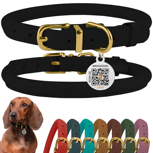 BRONZEDOG Hundehalsband, gerolltes Leder, weich gepolstert, rund, Seil, Haustierhalsbänder für Hunde, Welpen, Katzen, Kätzchen, klein, mittel, groß, braun (Halsumfang 30,5 cm - 35,6 cm, Schwarz Nacht) von BRONZEDOG