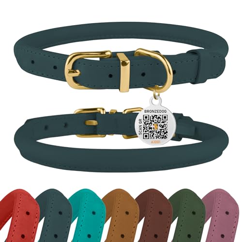 BRONZEDOG Hundehalsband aus gerolltem Leder mit QR-ID-Tag, verstellbar, weiche runde Halsbänder für kleine, mittelgroße und große Hunde, Welpen, Katzen (Denim, 40-48 cm) von BRONZEDOG